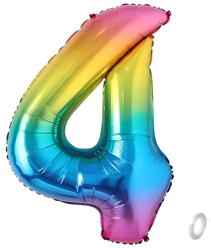 Balorise 40 Inch Giant Aluminum Balloon Rainbow Number 4, Inflatable Helium, Large Number 0-9, 10-100 (101 cm), Foil Balloons Decoration for Birthday Party and Wedding