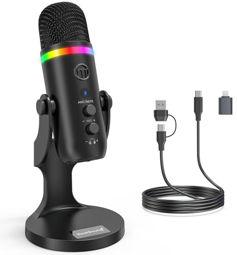 zealsound Micrófono condensador USB para PC, portátil, micrófono de escritorio Plug & Play con reducción de ruido, silencio, ganancia y eco, micrófono de podcast de estudio para juegos, transmisión