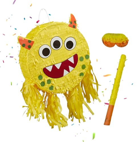 Relaxdays Pinata Monster, mit Stab & Maske, Partypinata Kinder, Geburtstag, zum Befüllen, HxBxT: 35 x 34 x 9 cm, gelb
