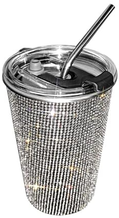 zingking Taza térmica de acero inoxidable brillante de 560 ml, con pajita y diamantes de imitación, taza de café para llevar, taza térmica a prueba de fugas para café y té