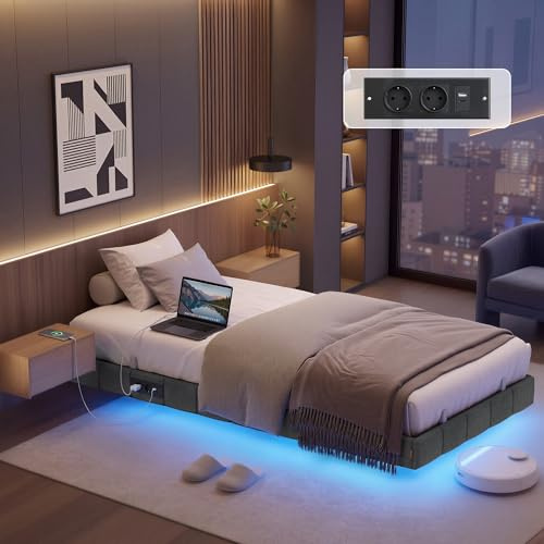 VASAGLE Svävande Sängram Utan Sänggavel, 200 x 90 x 26 cm | Klädd Säng med LED-belysning och Laddningsstation, Stålram, Skiffergrå, KACY Kollektion RMB162G101