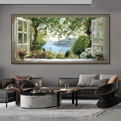 LZMASM Dipinto su tela moderno astratto con finestra su una scena di giardino - Vista dalla finestra aperta con vegetazione, accenti floreali - Soggiorno (90x180 cm/senza cornice)
