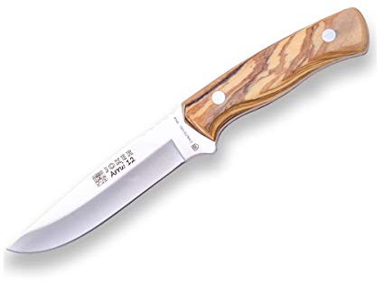 Joker Bushcraft-Messer Arrui 12 CO63, jagdmesser mit Griff aus Olivenholznholz, 12 cm Klinge aus Edelstahl, Gürtelmesser mit braune Lederscheide, Werkzeug zum Angeln, Jagen, Camping und Wandern