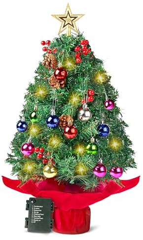 JOIEDOMI 24/2FT Vorbeleuchteter Tisch-Weihnachtsbaum mit warmen Lichtern, Stechpalmenbeeren und Tannenzapfen für eine schöne Weihnachtsdekoration