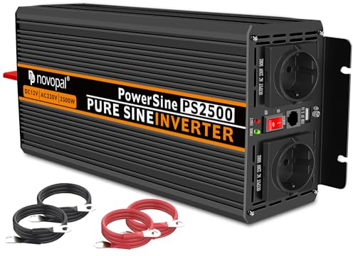 NOVOPAL 2500W convertidor de Voltaje de Onda sinusoidal Pura de Coche-convertidor de Coche 12v a 230v -convertidor de inversor con 2 enchufes EU y Puerto USB-Incl. Mando a Distancia de 5 Metros