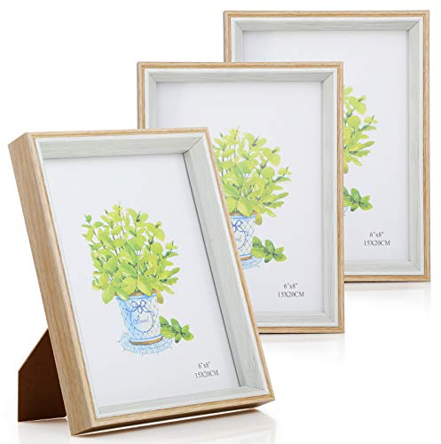 Simpeak Bilderrahmen 15x20 cm, [3 Stück], Bilderrahmen-Set mit Standfuß, Porträt-Fotorahmen mit Halterung, 6x8 Zoll, Weiße Holzmaserung