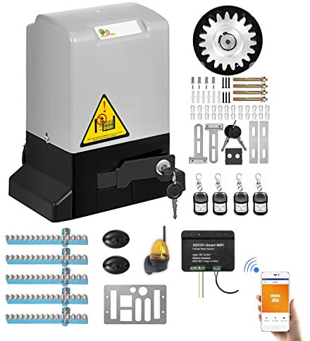 Kit de motorización para puertas, abrepuertas + 4 mandos a distancia + 5 cremajeras de metal galvanizado, luz LED + receptor wifi inteligente, 600 kg, 12 m, máximo por hoja, control desde portátil