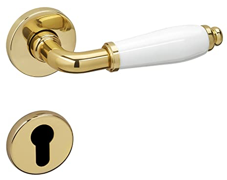 SOTECH Drückergarnitur Messingoptik - Türgriff weiß Türbeschlag Zimmertür Türdrücker Antik Vintage Innentüren Türklinke Profilzylinder (PZ) MATTEO Design Türgarnitur mit Schrauben