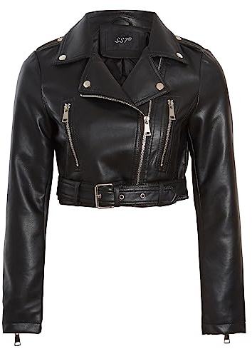 SS7 Womens Faux Leather Cropped Biker Jacket Black