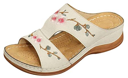 HAOLEI Womens Orthopedic Shoes Sale Clearance Comfy Sliders Summer Flat Leather Sandals Embroidery Flower Low Wedge Open Toe Breathable Slippers Sandals Ladies UK Size 3-7.5