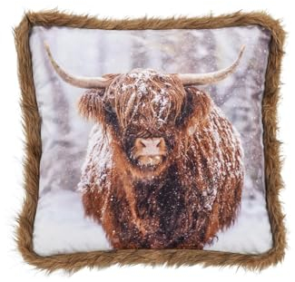 DONE Kissenbezug Tiermotiv Yak Highlandrind Hochlandrind im Schnee beidseitig Bedruckt Samtimitat Webpelsbesatz Winter