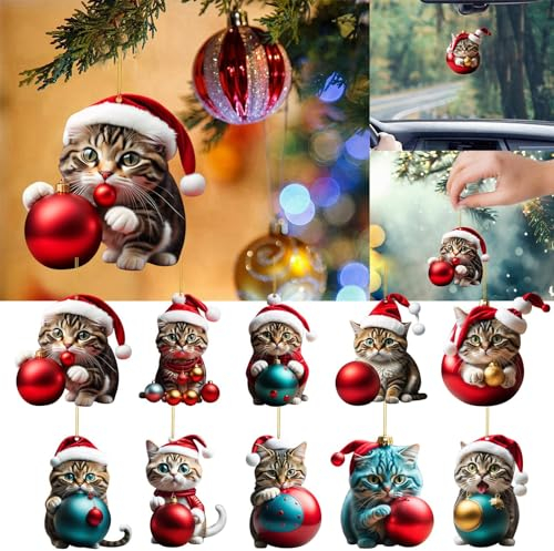 Weihnachtsbaum Katzen Anhänger 2D Acryl Weihnachtskatze Hängende Deko Lustiger Weihnachten Katzen Ornament Spaß Weihnachtsanhänger Deko Christbaumschmuck Weihnachtsschmuck Geschenk (10PC, OneSize)