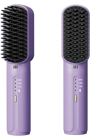 Cordless Hair Straightener Brush, Mini Portable Hair Straightener Comb for Women with 3 Heating Level, Rechargeable Hot Hair Straightener Brush for Beard, Anti- Scald& 20s Fast Heating- Purple