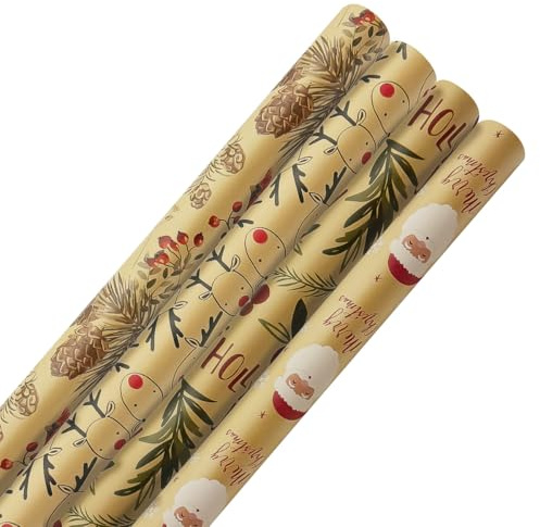 4 rollos de papel de regalo Kraft, 43 cm x 3 metros, papel de regalo navideño reciclable con estampado de Papá Noel y alce para Navidad, cumpleaños, decoración de regalos de fiesta