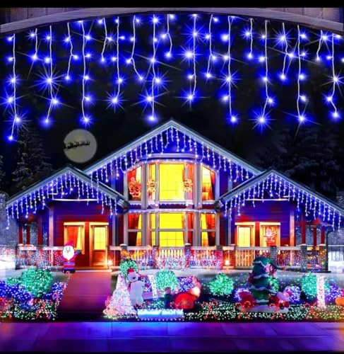 Partenopea Tenda luminosa esterno natalizia luci a 380 led da balcone decorazioni di Natale feste eventi bassa tensione 31V gioco flash bianco (Luce blu fissa + fredda flash, 10 metri)