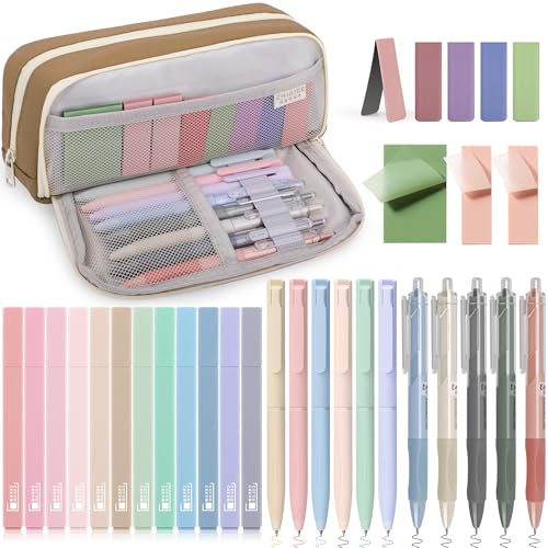 COZCLAM 32pcs Set Cancelleria Aesthetic con Bruno Astuccio, 12 Evidenziatori Pastello, 6 Penne Colori, 5 Penne Nero, 5 Segnalibri Magnetici, 3 Note Adesive, Set Scuola Cancelleria Materiale Scolastico