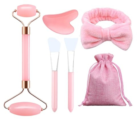 Bdfgh 6Pcs Gua Sha Face Roller Set, Rose Quartz and Jade Guasha Stone for Women, Anti Aging Massage Tool for Skincare, Facial Beauty Neck Body Muscle Relaxing with Accessories, Gift for Women
