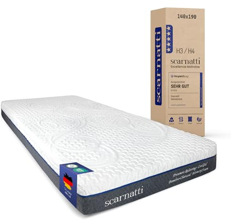 Scarnatti Materasso 140x190 cm, Altezza 18 cm, Materasso in schiuma fredda di durezza H3-H4, Letto in memory foam, Viscoelastico a 7 zone, Cool gel, Tè verde e carbone di bambù arricchito