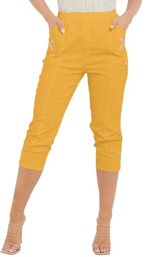 PixelKnit® Pantaloni Capri a 3/4 da donna, in cotone elasticizzato con fondo corto e bacche di ciliegia, taglie forti 42-54, Senape, 42