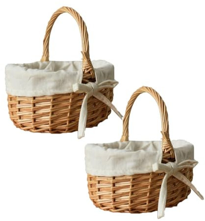 Panier Paques Enfant Paniers Fête De Pâques Panier à Fleurs en Osier et Rotin Paniers De Rangement Tissé Avec Poignées Panier De Paques Pour Oeuf, Fruits, Fleurs (2pcs)