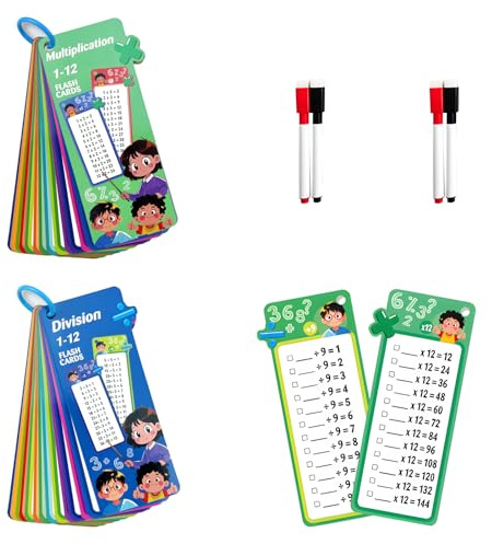2 Pcs Set Times Tables Flash Cards, 0-12 Time Table Card Chart with 4 Dry Erase Pens, 15 Sheet Multiplication Tables 15 Sheet Addition Flash Cards, Math Learning Tools for Home and Classroom