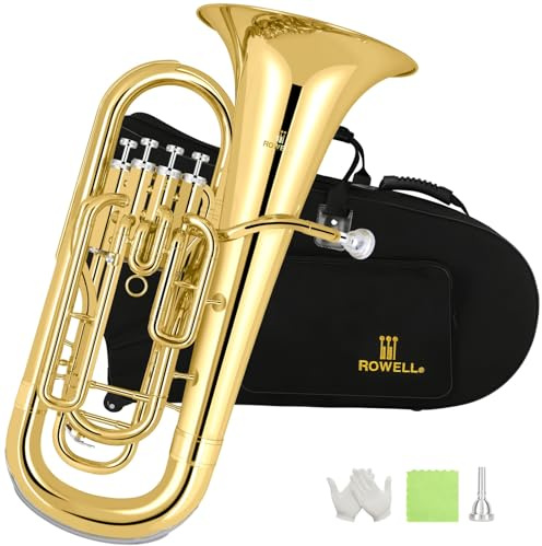 ROWELL Bb Euphonium Brass Horn 4 Valves Euphonium with Case - Includes Mouthpiece, Polishing Cloth, Gloves & More, Featuring Large Bell & Stainless Steel Valves for Rich Sound