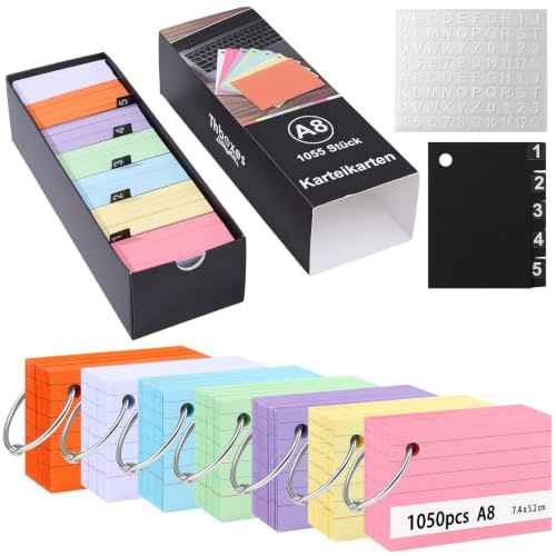 Thboxes Boîte à fiches 7,4 x 5,2 cm, avec 1050 fiches colorées A8, 5 intercalaires en polypropylène, 7 anneaux détachables, boîte à fiches pour apprendre le vocabulaire, les notes, l'école, le bureau