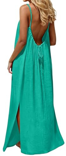 Generico Vestito Schiena Scoperta Donna Estivo, Vestito Lungo Estivo Donna con Bretelle Regolabili, Maxi Abito A Pieghe per Relax E Feste in Giardino, Senza Maniche Taglia Comoda （Verde，M）