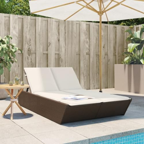 faucqel Tumbona doble con cojines marrón de poliratán, resistente a la intemperie y ajustable, 118 x 200 cm, incluye 2 cojines de color blanco crema, ideal como tumbona de jardín