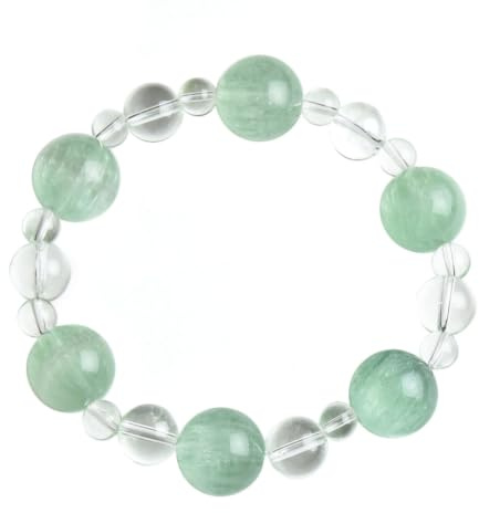 Naturliga kristallrunda stenpärlarmband för meditation, yoga, unisex | Handgjorda Reiki Energy Healing smycken, grön fluorit och klar kvarts, kvinnor män