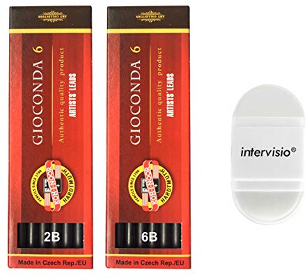 Koh-I-Noor Graphitminen 5,6 mm Härtegrad 2B und 6B für Druckbleistift, Gioconda Artist Mine, Länge 120 mm, 2 Stück Etui + Intervisio Anspitzer/Radiergummi – Bundle