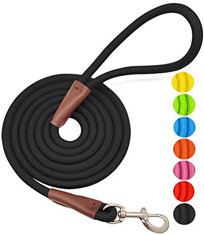 MayPaw 4/6 /8/10 FT Dog Leash, Classic Solid Colors, Strong Nylon Rope Dog Leash Reinforced with Leather Tailor Connection Heavy Duty Silver Clasp (Black, 8ft*1/2)