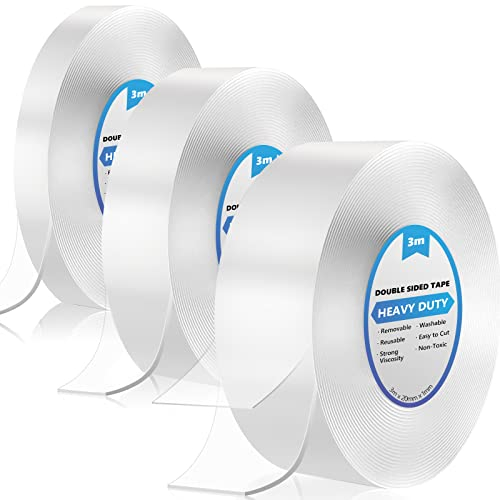 9 Meters Doppelseitiges Klebeband Extra Stark, 3 Rollen Dünn Klebeband Doppelseitig, Waschbares Spurlos Transparent Double Sided Tape für Teppich, Foto Wand, Küche, Zuhause, Auto oder Outdoor