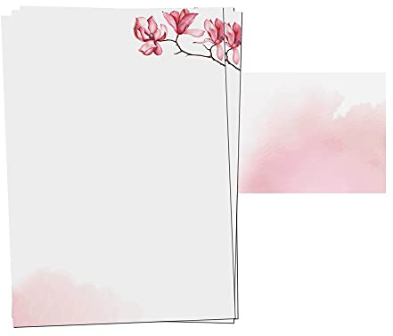 Presentou Set med 25 brevpapper, tryckta på båda sidor, 120 gram papper, motivpapper, certifikatpapper, meny, kärleksbrev (akvarell, blommor, rosa, 25 + 25 ark + kuvert)