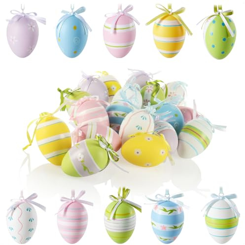COM-FOUR® 18x Ganci decorativi pasquali - uova di Pasqua in plastica da appendere - uova di Pasqua colorate per il bouquet pasquale con un motivo (18 pezzi - 6 colori - Mix 2)