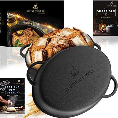 STEINZEITWERK® Gusseisen Bräter mit Deckel=Pfanne - 8,3 L großer ovaler Gusseisen Topf Brot backen als ideale Brotbackform oder Auflaufform, Dutch Oven, Schmortopf, Induktion geeignet, Eingebrannt