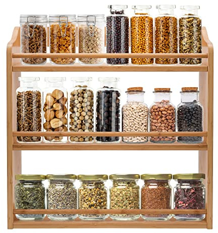 FoverOne 3 Tier Bamboo Spice Rack, Seasoning Jars Rack Shelf Spice Organizer for Kitchen Counter or Wall Mounting