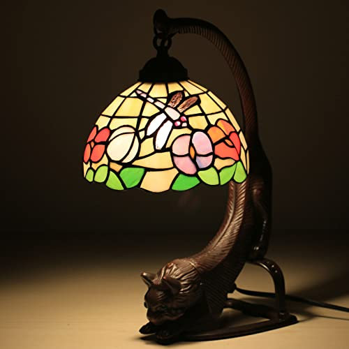 AIBOTY Tiffany Lampe, Buntglaslampe, mehrfarbige Glasschlafzimmer Nachttisch Klavierlampe,Wohnzimmerlampe mit Katzenfuß in Rutschfester Legierung für Mädchen Geschenke, 8x16in,Flower a