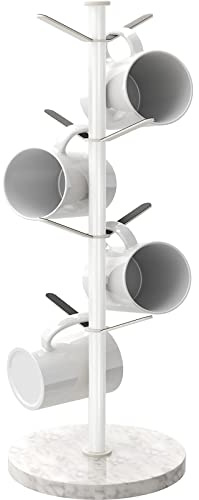 Gypie Marble Mug Tree Stand Rack 8 Hooks 304 Stainless Steel White | Weighted Non-slip Base Stops Wobble, 6/8 Branch Setup, Rustproof Poles, Easy-wipe Organizer for Family Daily Kitchen Worktops