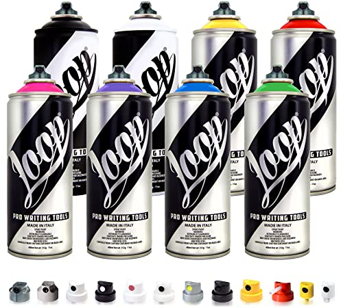 Betterrun LOOP Sprühdosen Set - Basic Farben - 8 x 400ml + 10x Sprühaufsätze/Graffiti Spray Cans von Loopcolors