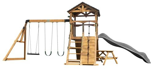 Backyard Discovery Endeavor II Cedar Wood Swing Set with Wave Slide, Play Deck, Double Rock Wall, Picnic Table, Climbing Wall, Belt Swings, Web Swing, Toy Telescope, Step Ladder, Outdoor Playset