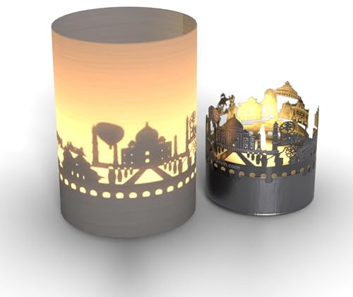 Agra Skyline Tube T-Light skuggspel – motivljus med Taj Mahal och fler projicerade silhuetter | Perfekt souvenir och lägenhetstillbehör för Agra-fans | garanterad divasion och längtande!
