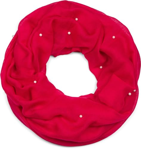 styleBREAKER Damen Loop Schal mit Perlen Applikation, Unifarben, Leichter Schlauchschal Einfarbig, Tuch 01016168, Farbe:Rot