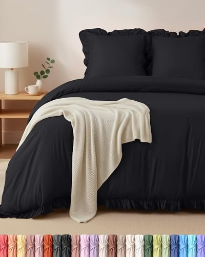 Utopia Bedding Housse de Couette à Volants 220x240 cm avec 2 Taies d'oreiller 65x65 cm (Noir) - Parure de lit 220x240 cm - Ensembles de Housses de Couette en Microfibre brossée Douce