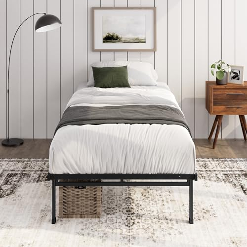 Zinus Justin 3ft Single Bed Frame (90 x 190 cm) - 14.2'' Height - Metal Bed Base with Steel Slat Support - Storage Space Underneath - Easy Assembly - Black