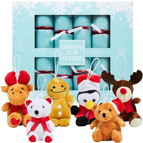 KreativeKraft Christmas Crackers Pack of 6, Plushies & Soft Toys Inside, Hanging Christmas Tree Ornaments, Party Hats & Joke, Xmas Festive Décor (Green)