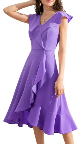 Meetjen Womens A Line Cocktail Party Dress Modest Ruffle Bridesmaid Dress V Neck Tea Length Prom Dresses Lavender S