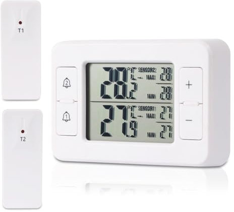 Kühlschrankthermometer, Gefrierschrank Thermometer mit 2 kabellosen Sensoren, Thermometer Innen Außen, Temperatur Alarm, MIN/MAX, Temperaturtrendanzeige Pfeil