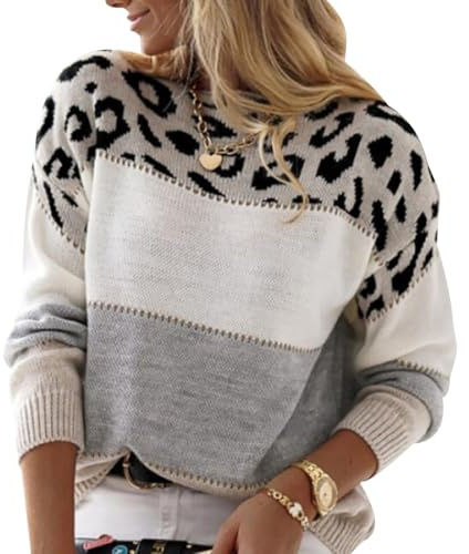 Jersey Punto Mujer Jerséis Mujer Pullover Mujer Sweater Women Sueter Mujer Manga Larga Invierno Primavera Jerseys Mujeres Jersey de Oversize Punto Leopardo Señora Suéter Tejido para Mujer Gris XXL