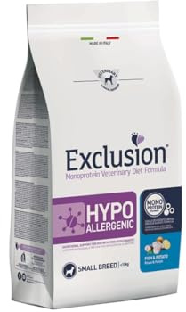 Exclusion Hypoallergenic Small Adult Pesce e Patate 2kg, alimento completo ipoallergenico per cani adulti di taglia piccola con intolleranze alimentari.
